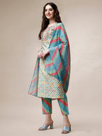 Ethnic Motif Printed & Embroidered Kurta With Pant And Dupatta Set, Multicolor - Hiral Fashion | Grocsy