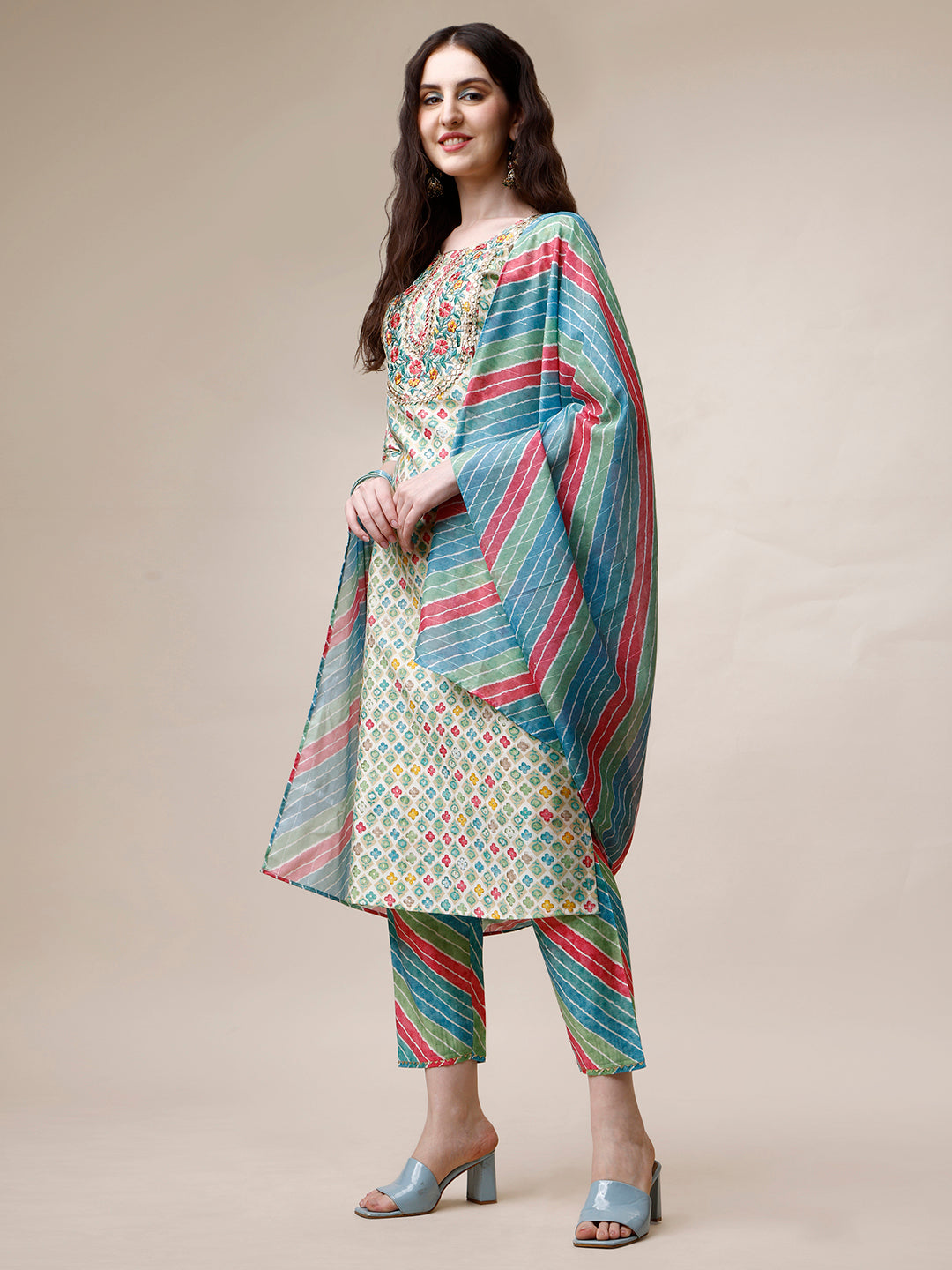 Ethnic Motif Printed & Embroidered Kurta With Pant And Dupatta Set, Multicolor - Hiral Fashion | Grocsy