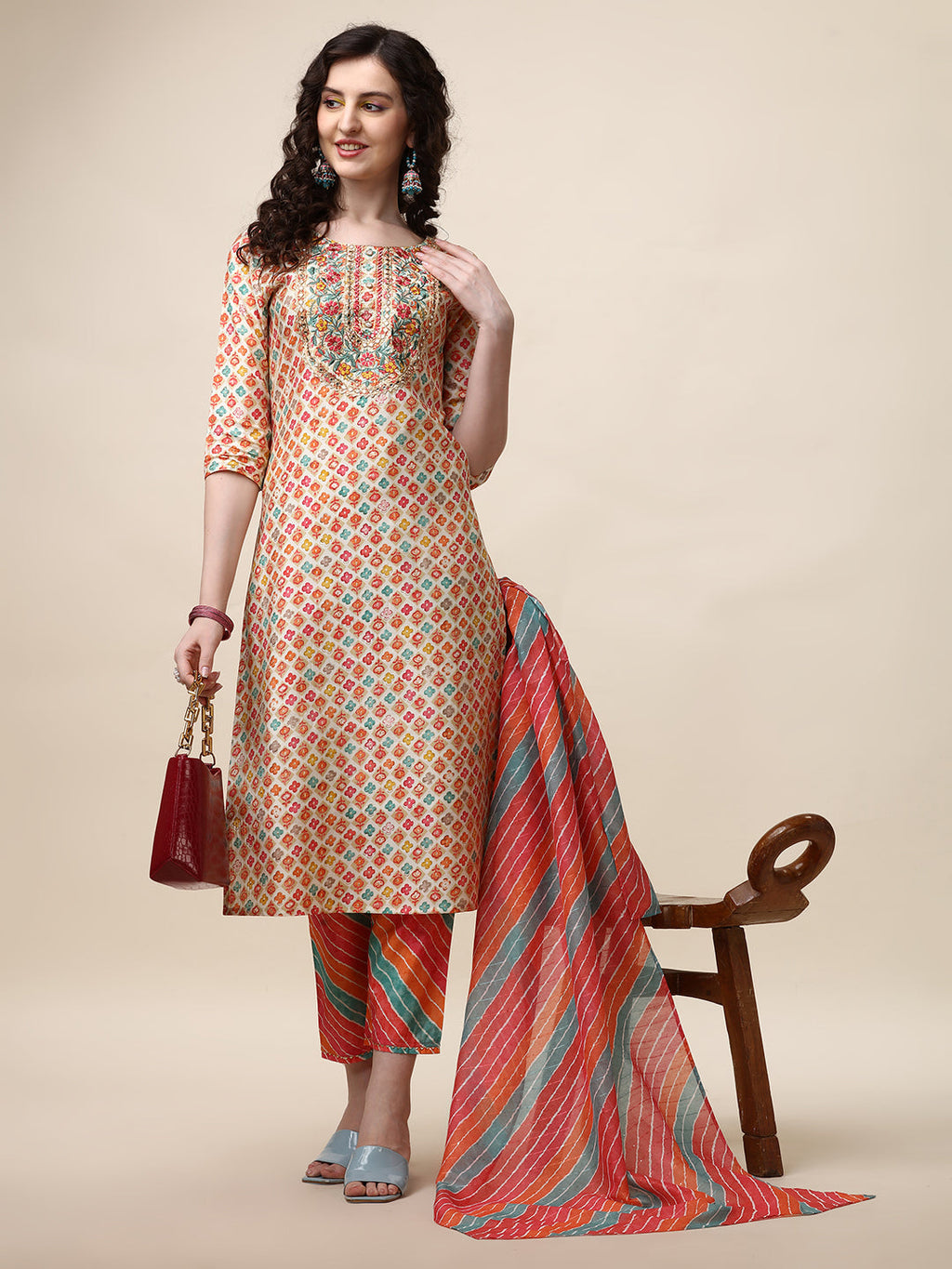 Ethnic Motif Printed & Embroidered Kurta With Pant And Dupatta Set, Multicolor - Hiral Fashion | Grocsy