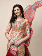 Ethnic Motif Printed & Embroidered Kurta With Pant And Dupatta Set, Multicolor - Hiral Fashion | Grocsy