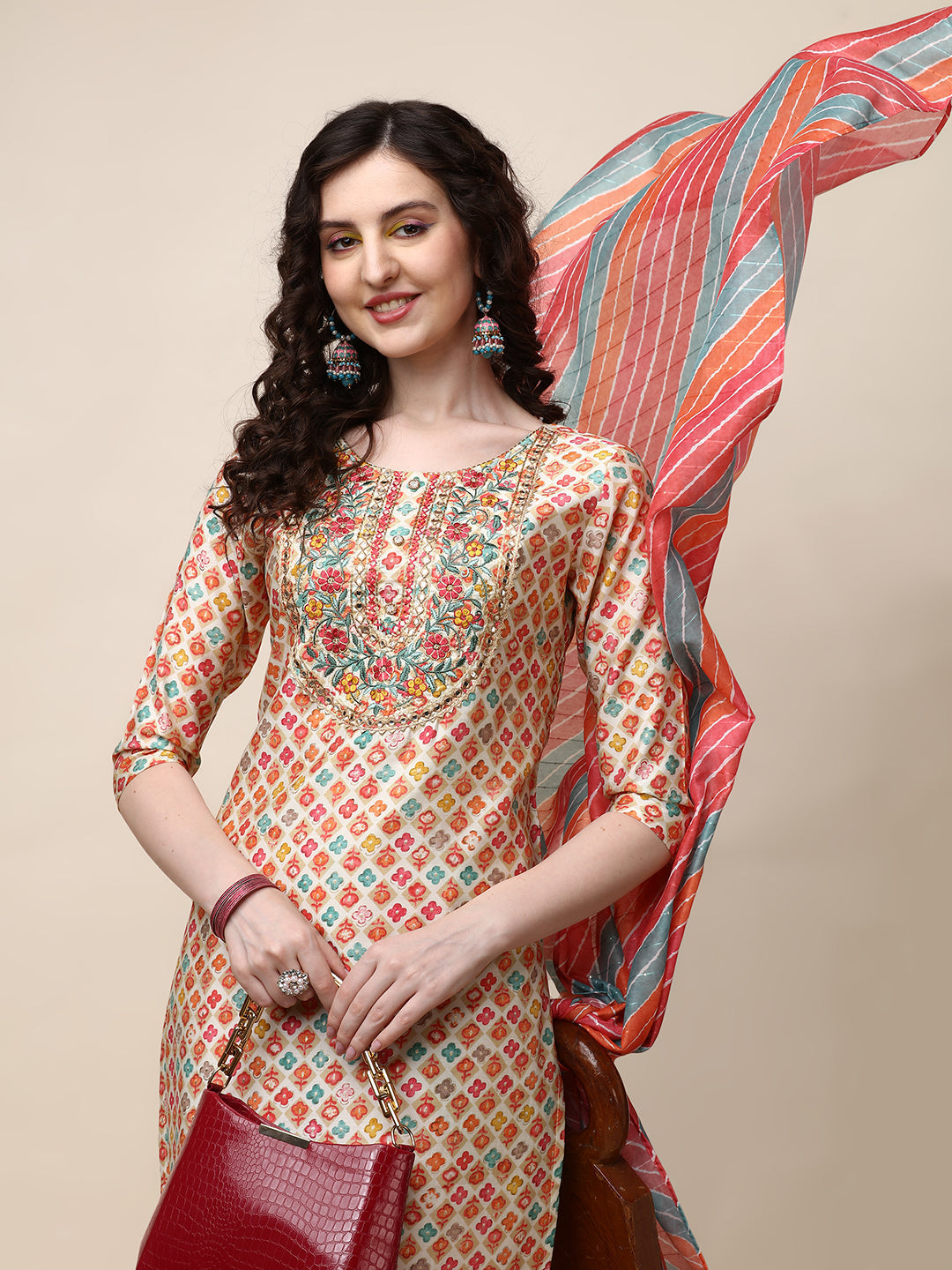 Ethnic Motif Printed & Embroidered Kurta With Pant And Dupatta Set, Multicolor - Hiral Fashion | Grocsy