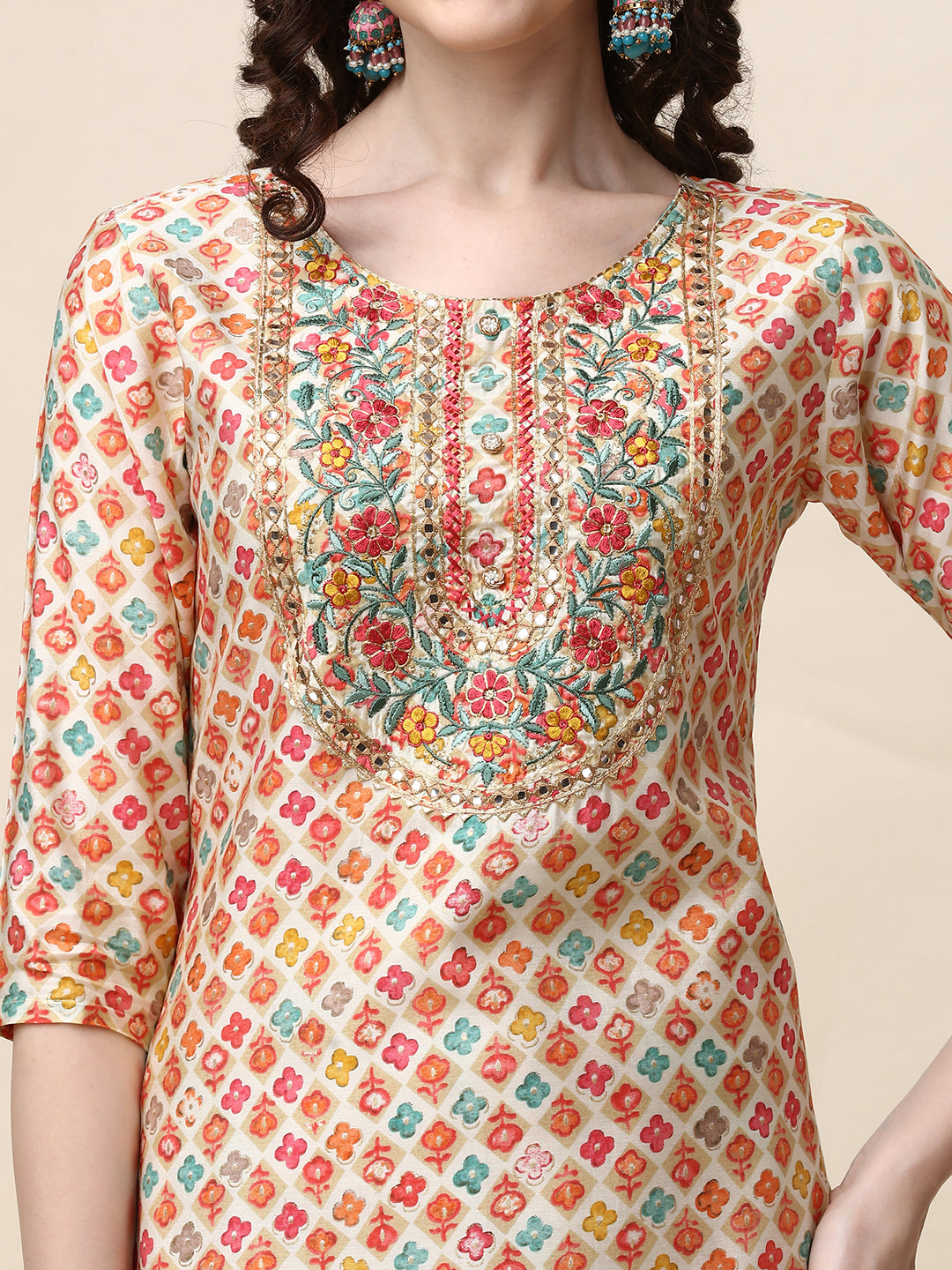 Ethnic Motif Printed & Embroidered Kurta With Pant And Dupatta Set, Multicolor - Hiral Fashion | Grocsy