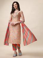 Ethnic Motif Printed & Embroidered Kurta With Pant And Dupatta Set, Multicolor - Hiral Fashion | Grocsy