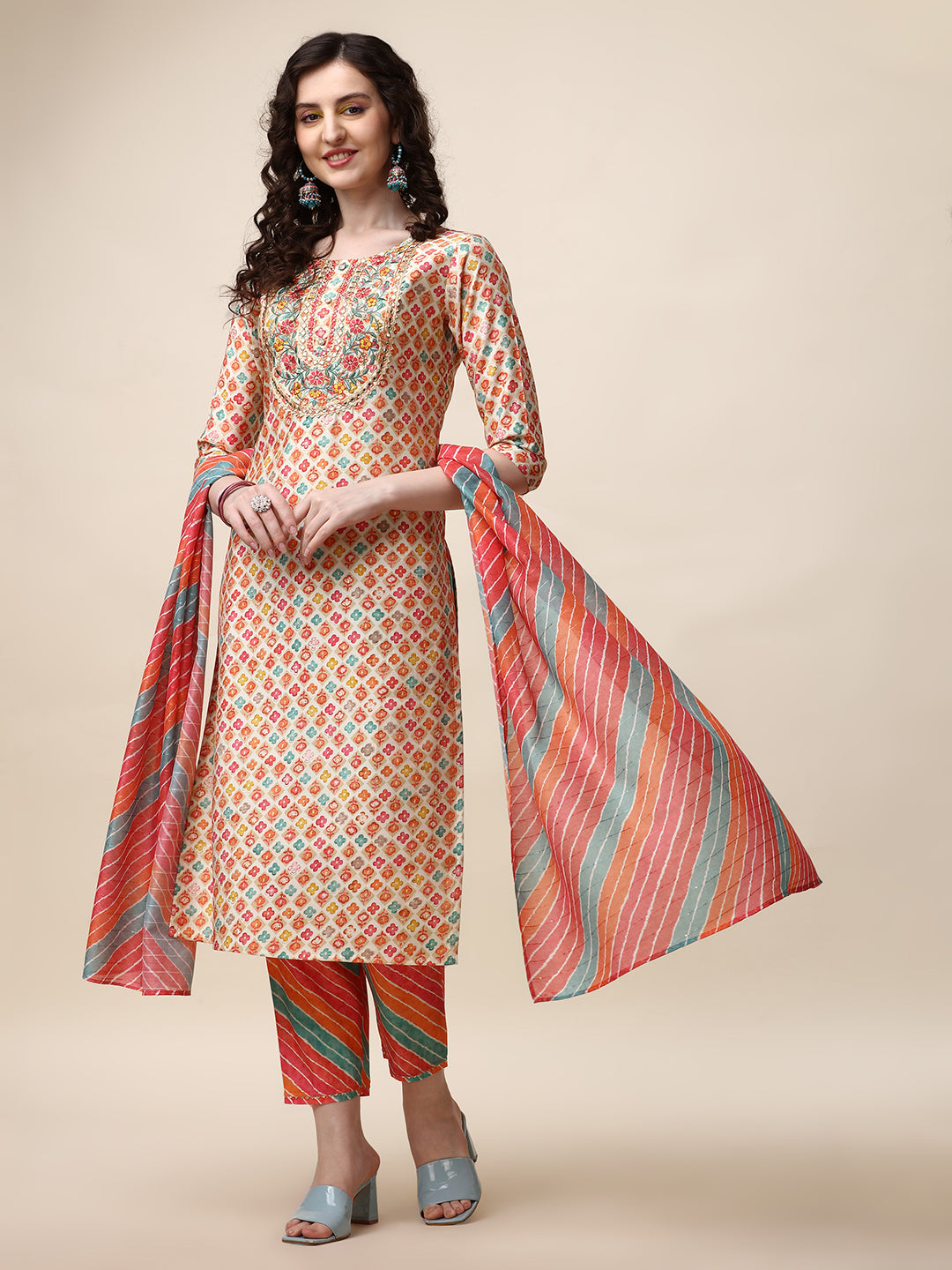 Ethnic Motif Printed & Embroidered Kurta With Pant And Dupatta Set, Multicolor - Hiral Fashion | Grocsy