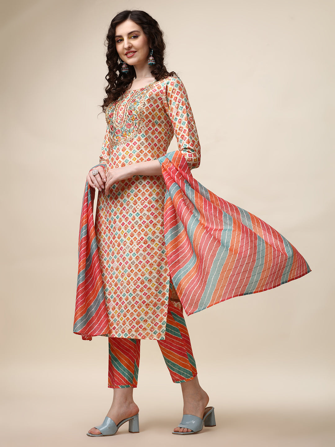 Ethnic Motif Printed & Embroidered Kurta With Pant And Dupatta Set, Multicolor - Hiral Fashion | Grocsy