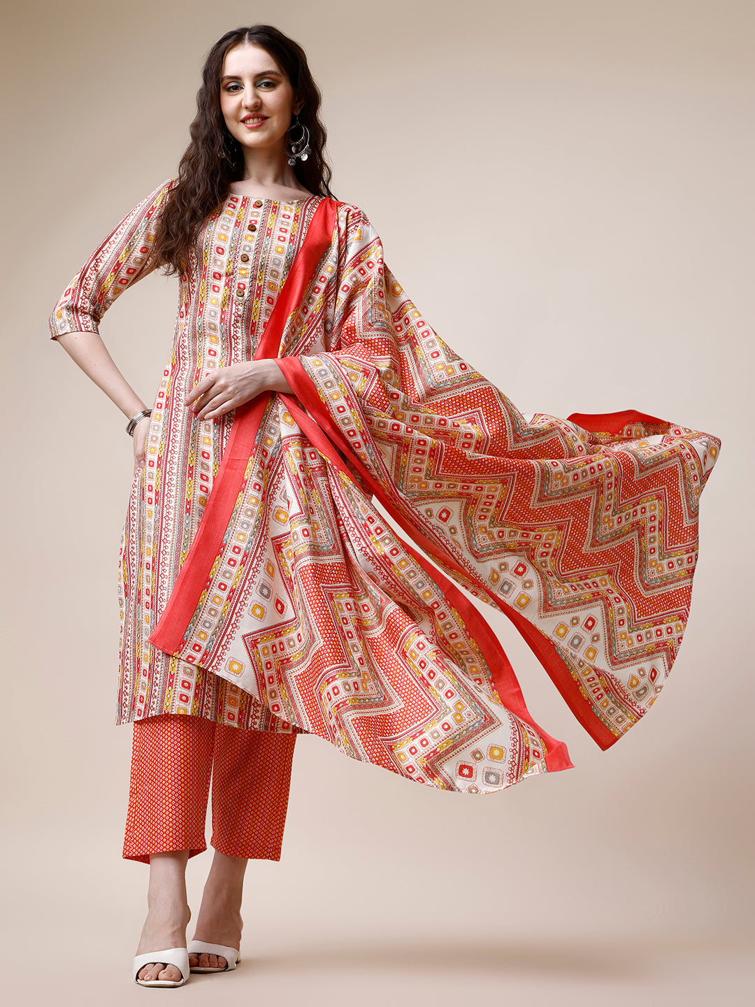 Cotton Printed Kurta With Pant And Dupatta Set, Multicolor - Hiral Fashion | Grocsy