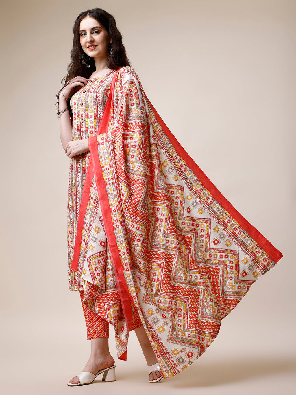 Cotton Printed Kurta With Pant And Dupatta Set, Multicolor - Hiral Fashion | Grocsy
