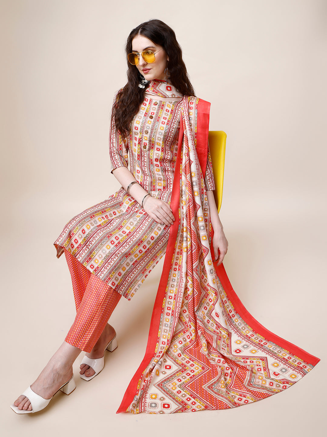 Cotton Printed Kurta With Pant And Dupatta Set, Multicolor - Hiral Fashion | Grocsy