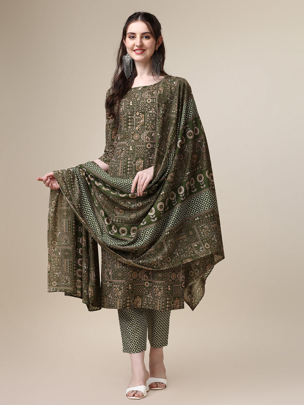 Cotton Printed Kurta With Pant And Printed Dupatta Set, Multicolor - Hiral Fashion | Grocsy