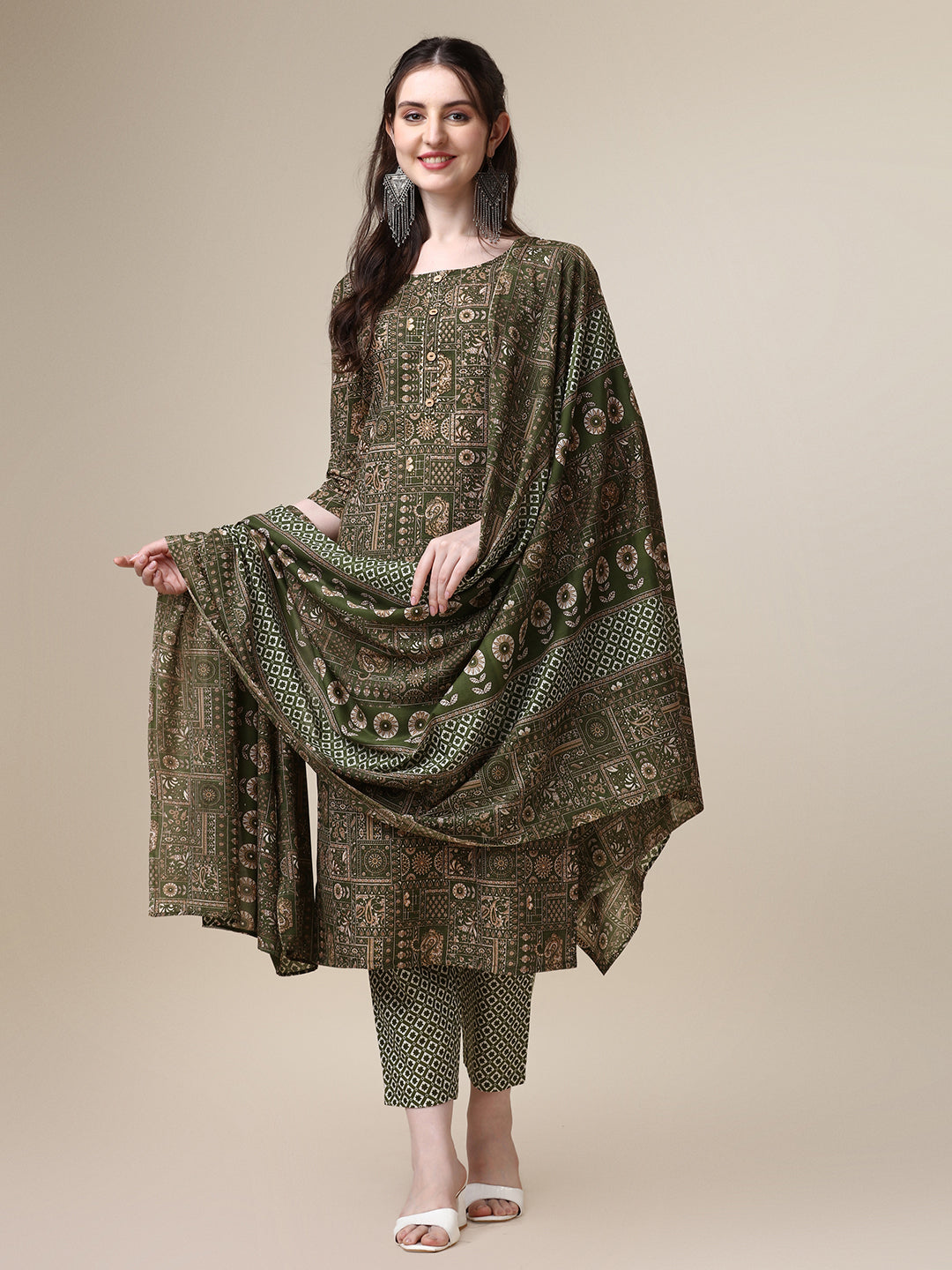 Cotton Printed Kurta With Pant And Printed Dupatta Set, Multicolor - Hiral Fashion | Grocsy