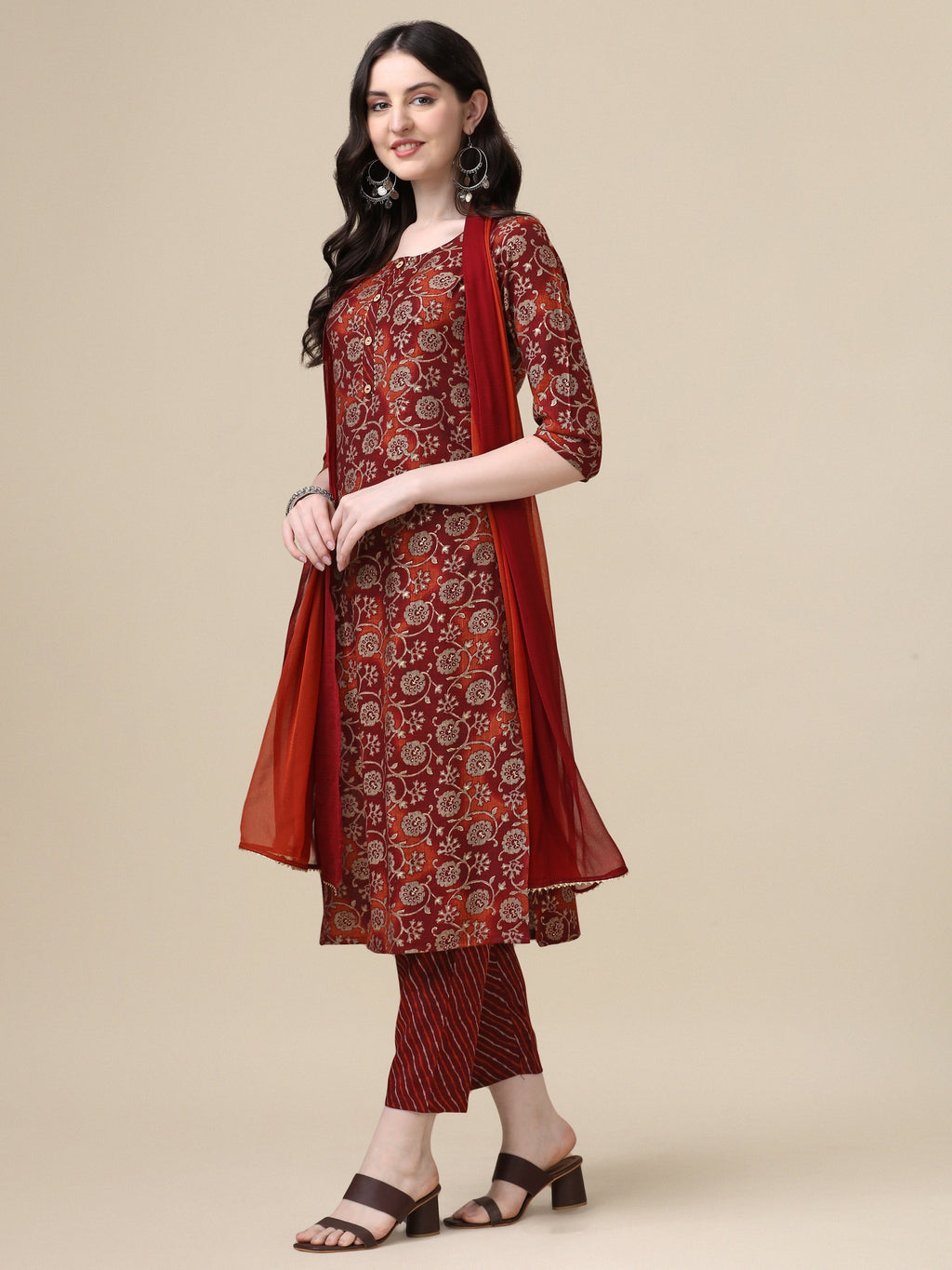 Printed Kurta With Pant & Dupatta Set, Multicolor - Hiral Fashion | Grocsy