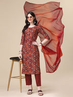 Printed Kurta With Pant & Dupatta Set, Multicolor - Hiral Fashion | Grocsy