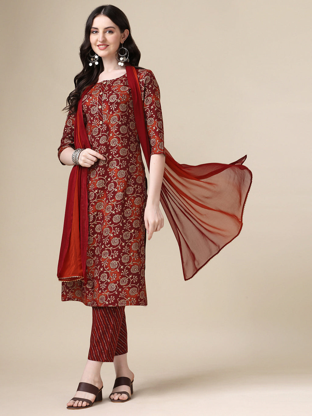 Printed Kurta With Pant & Dupatta Set, Multicolor - Hiral Fashion | Grocsy