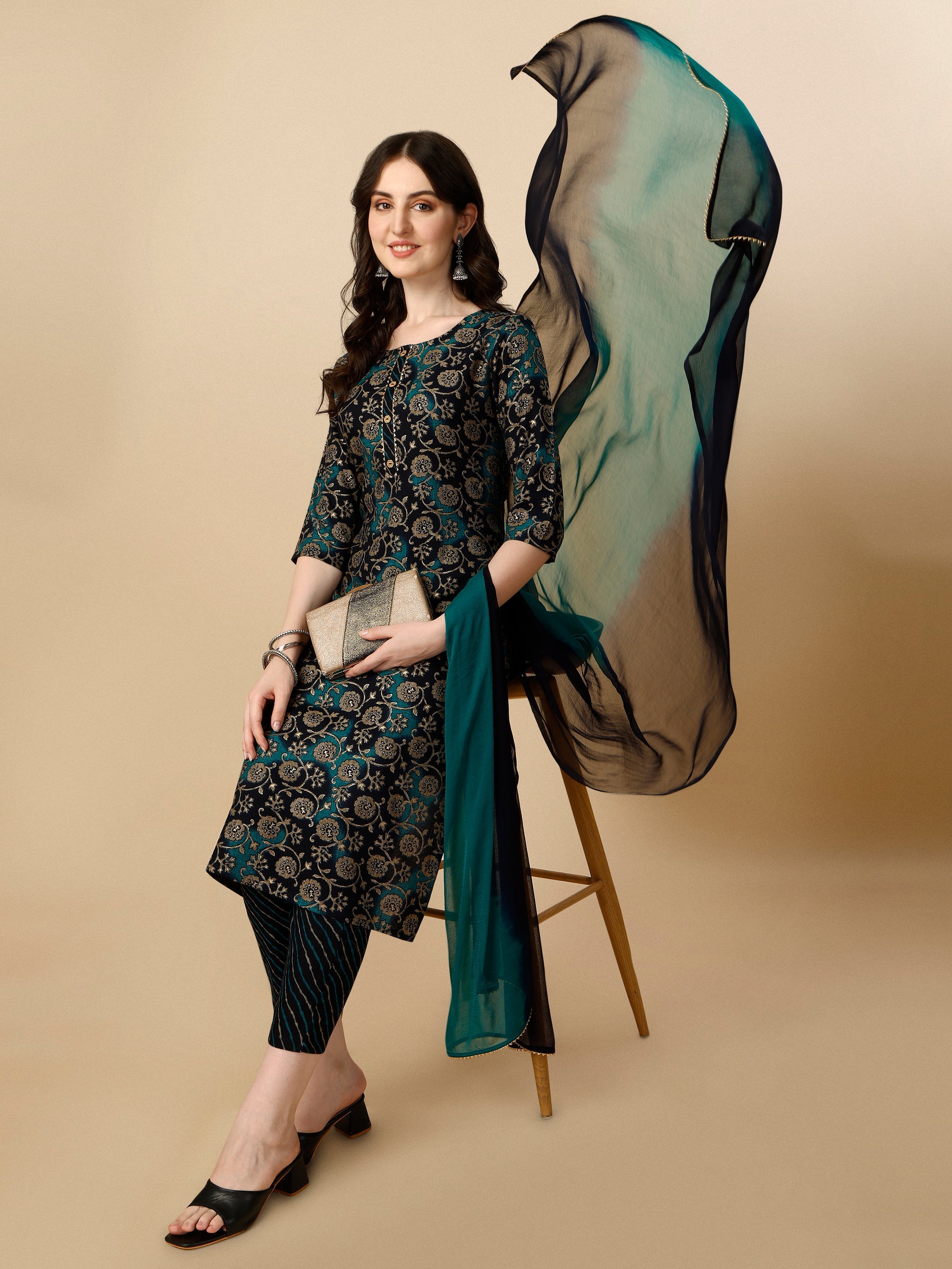 Printed Kurta With Pant & Dupatta Set, Multicolor - Hiral Fashion | Grocsy