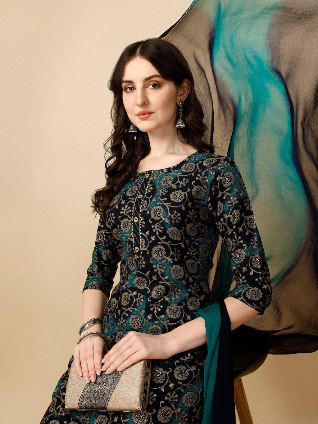 Printed Kurta With Pant & Dupatta Set, Multicolor - Hiral Fashion | Grocsy