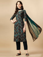Printed Kurta With Pant & Dupatta Set, Multicolor - Hiral Fashion | Grocsy
