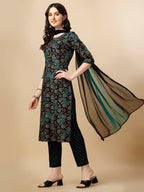 Printed Kurta With Pant & Dupatta Set, Multicolor - Hiral Fashion | Grocsy