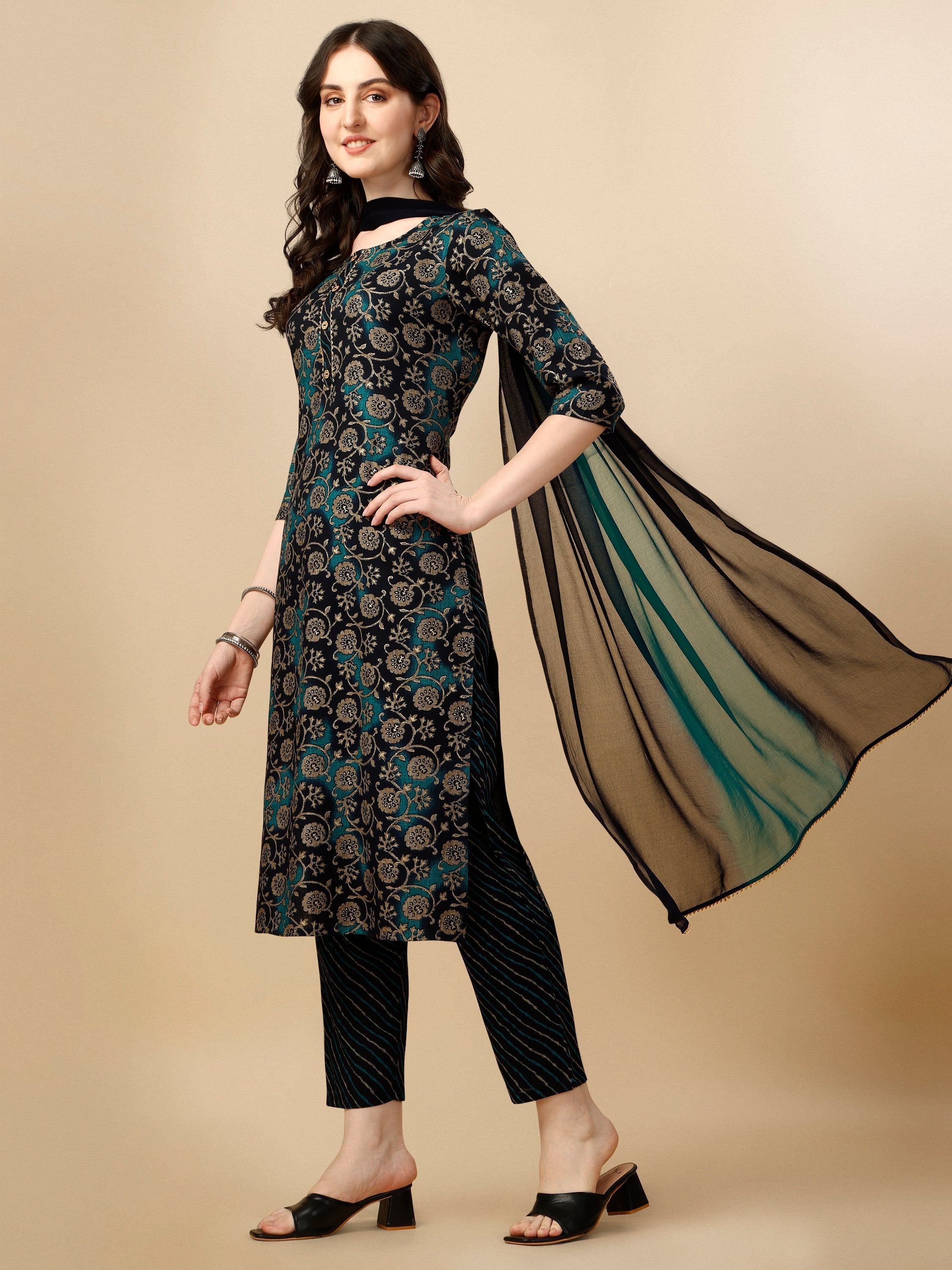 Printed Kurta With Pant & Dupatta Set, Multicolor - Hiral Fashion | Grocsy