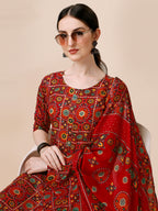 Cotton Printed Kurta With Pant & Dupatta Set, Multicolor - Hiral Fashion | Grocsy