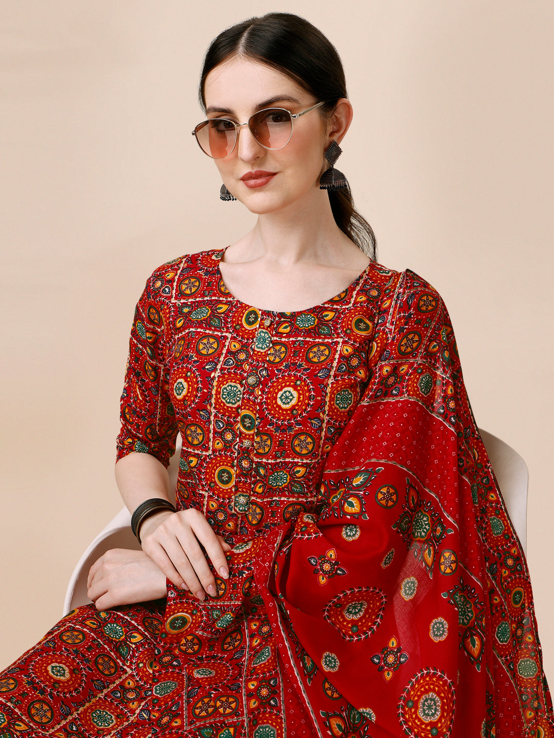 Cotton Printed Kurta With Pant & Dupatta Set, Multicolor - Hiral Fashion | Grocsy