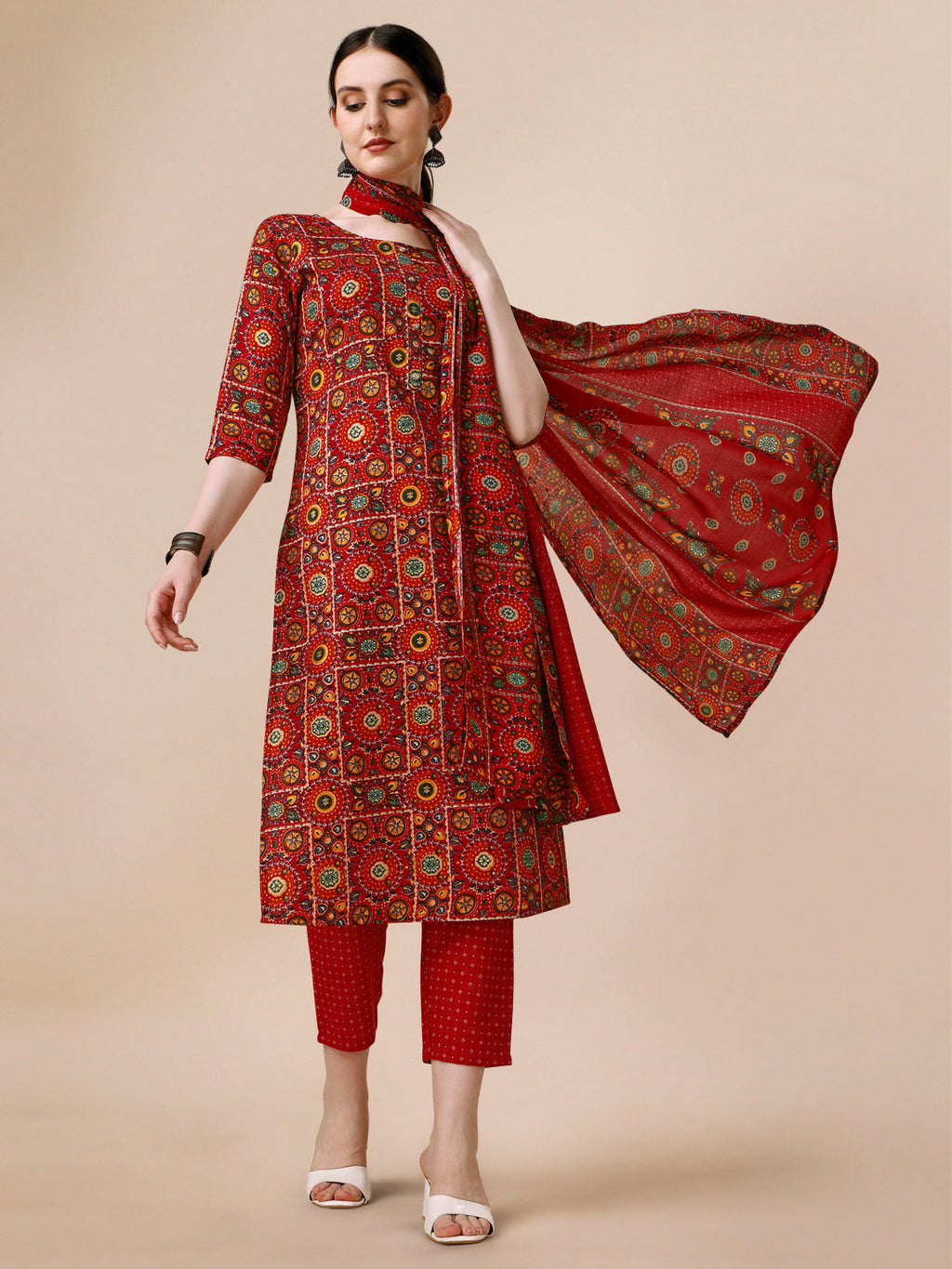 Cotton Printed Kurta With Pant & Dupatta Set, Multicolor - Hiral Fashion | Grocsy