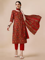 Cotton Printed Kurta With Pant & Dupatta Set, Multicolor - Hiral Fashion | Grocsy