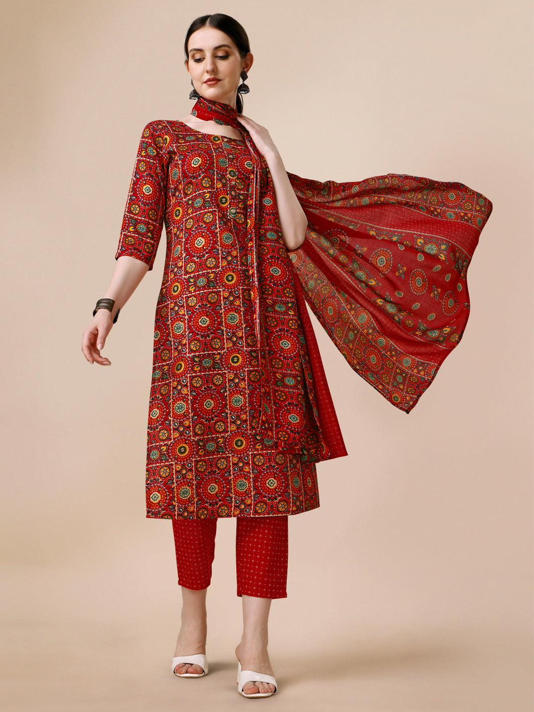 Cotton Printed Kurta With Pant & Dupatta Set, Multicolor - Hiral Fashion | Grocsy
