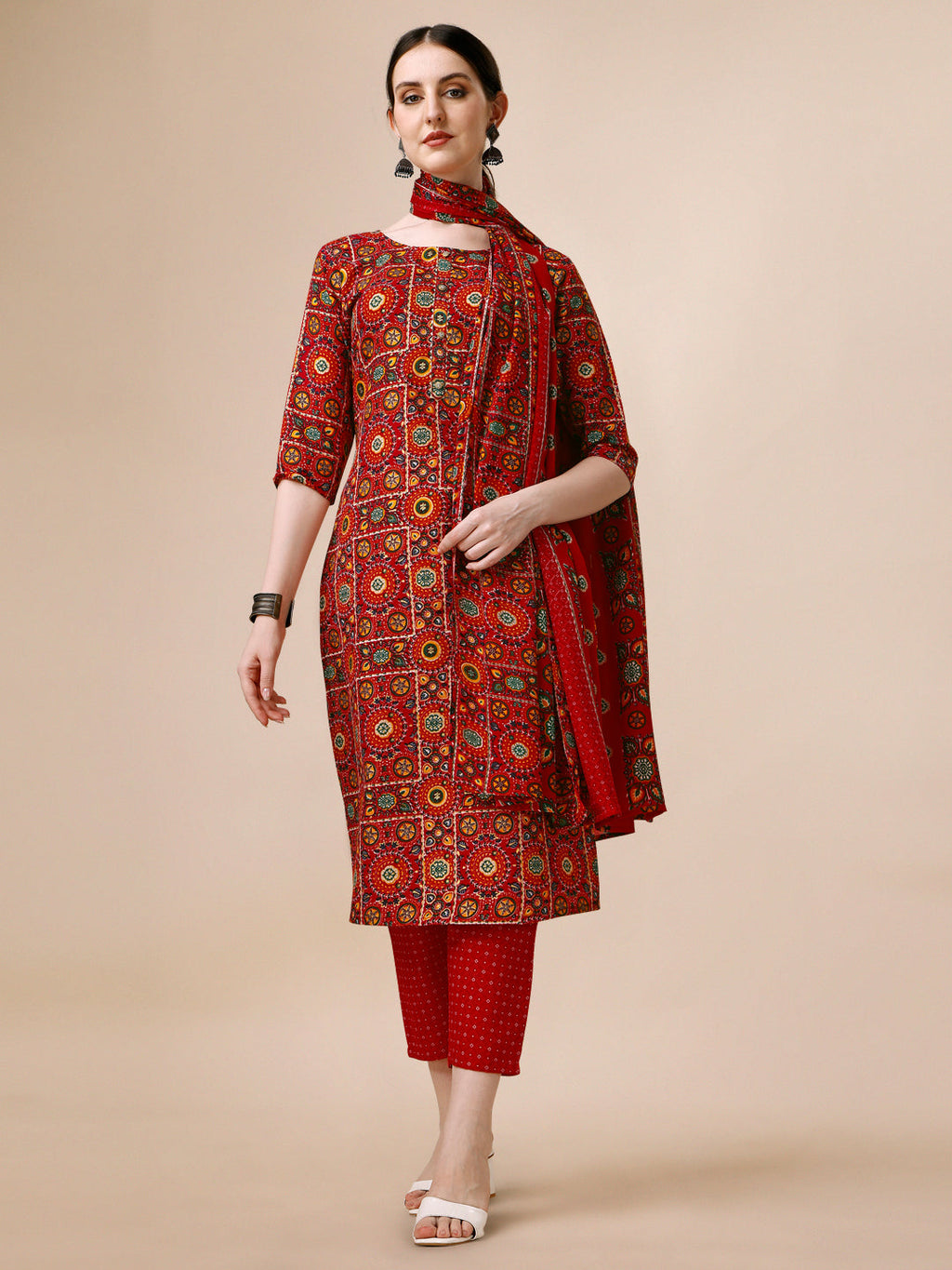 Cotton Printed Kurta With Pant & Dupatta Set, Multicolor - Hiral Fashion | Grocsy