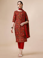 Cotton Printed Kurta With Pant & Dupatta Set, Multicolor - Hiral Fashion | Grocsy