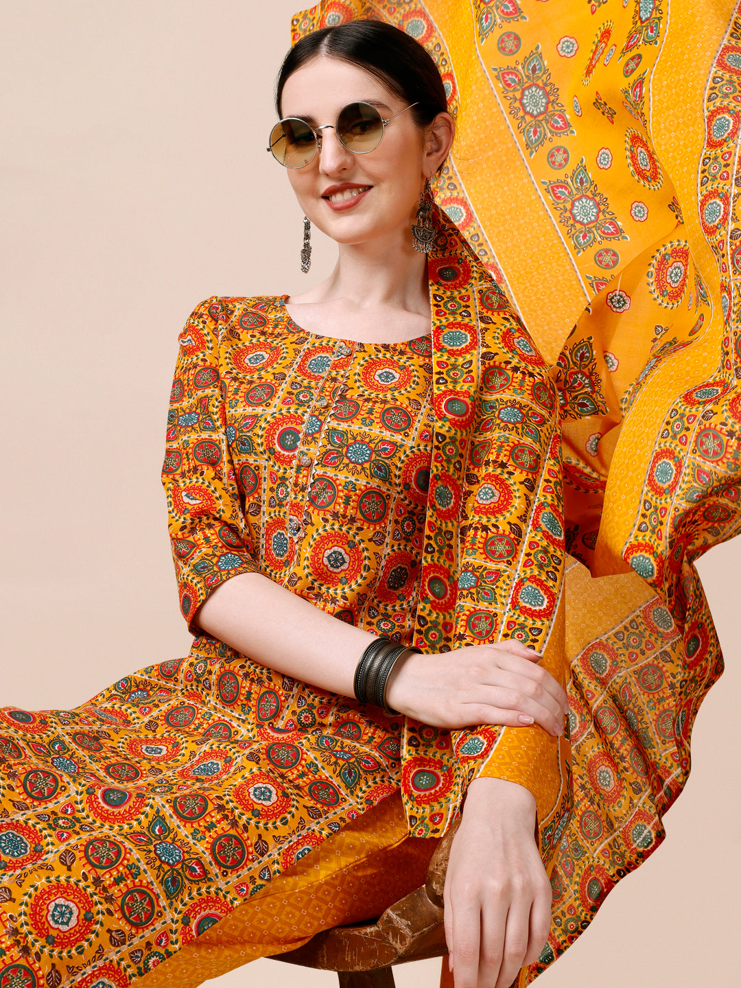 Cotton Printed Kurta With Pant & Dupatta Set, Multicolor - Hiral Fashion | Grocsy