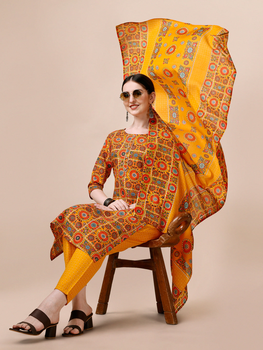 Cotton Printed Kurta With Pant & Dupatta Set, Multicolor - Hiral Fashion | Grocsy