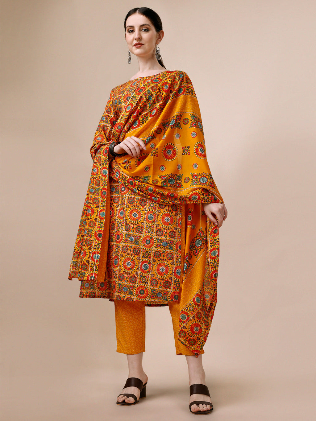 Cotton Printed Kurta With Pant & Dupatta Set, Multicolor - Hiral Fashion | Grocsy