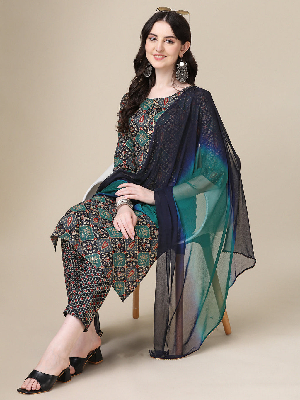 Printed Kurta With Pant & Dupatta Set, Multicolor - Hiral Fashion | Grocsy