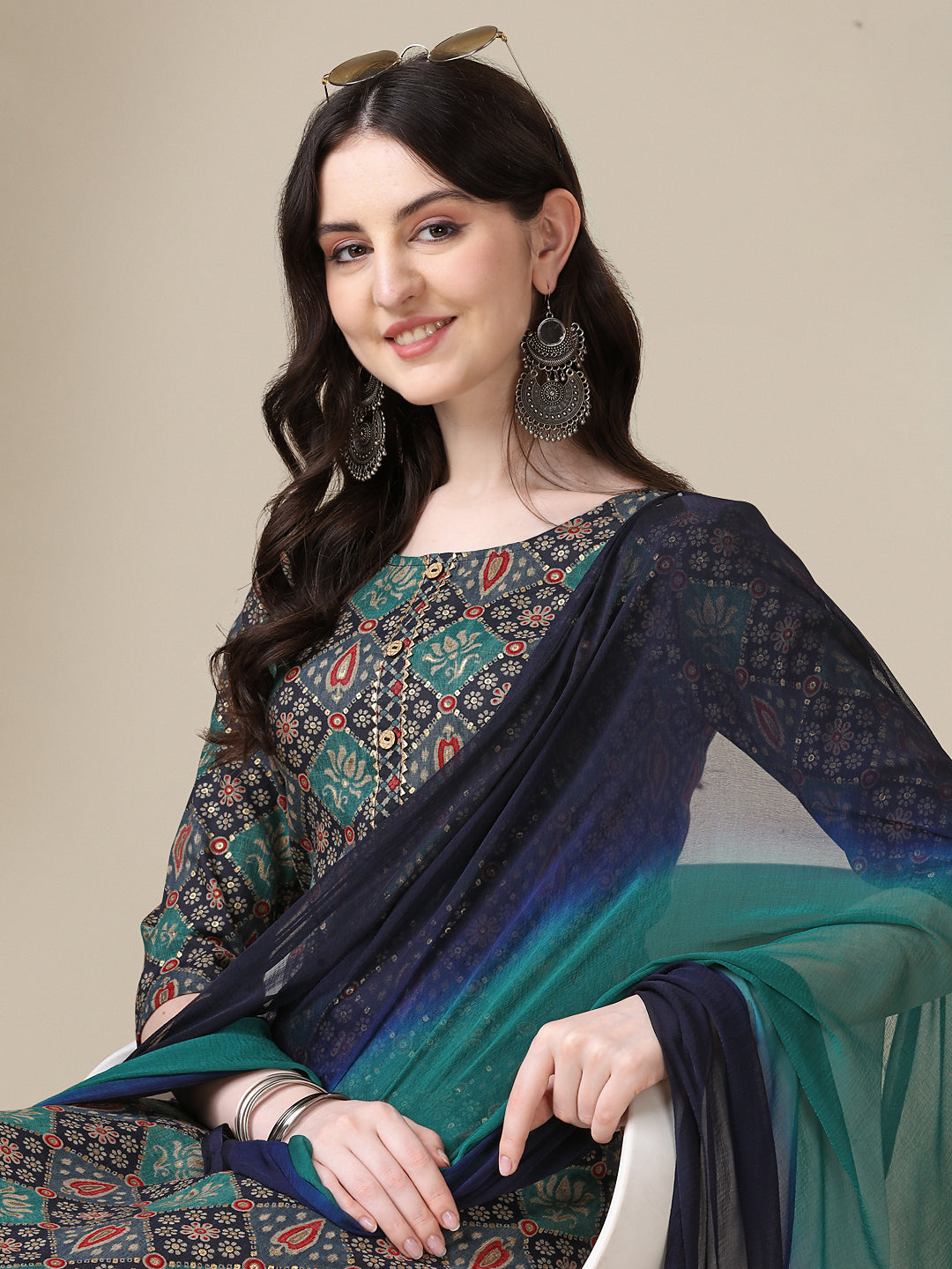 Printed Kurta With Pant & Dupatta Set, Multicolor - Hiral Fashion | Grocsy