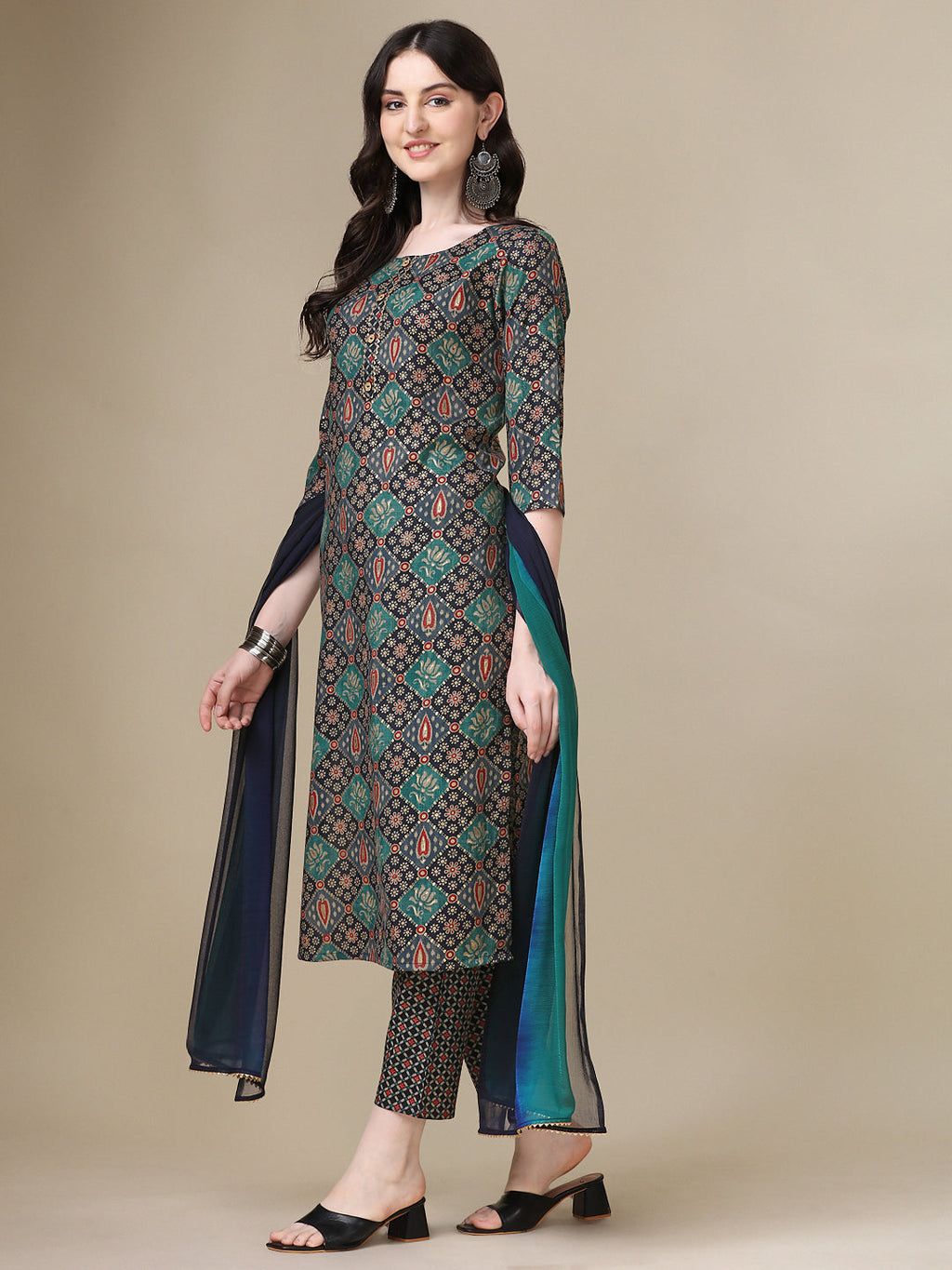 Printed Kurta With Pant & Dupatta Set, Multicolor - Hiral Fashion | Grocsy