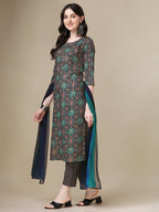 Printed Kurta With Pant & Dupatta Set, Multicolor - Hiral Fashion | Grocsy
