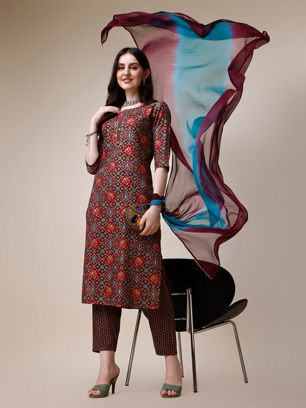 Printed Kurta With Pant & Dupatta Set, Multicolor - Hiral Fashion | Grocsy