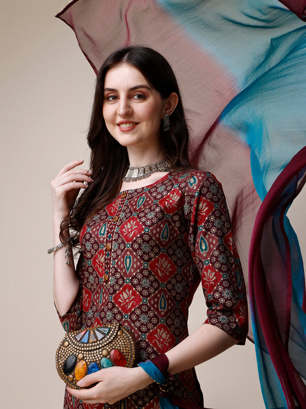 Printed Kurta With Pant & Dupatta Set, Multicolor - Hiral Fashion | Grocsy