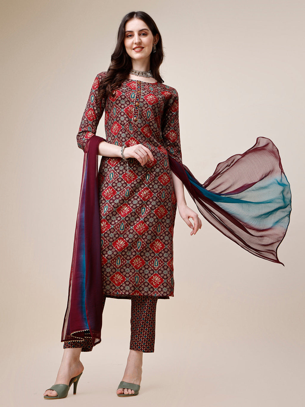 Printed Kurta With Pant & Dupatta Set, Multicolor - Hiral Fashion | Grocsy