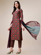 Printed Kurta With Pant & Dupatta Set, Multicolor - Hiral Fashion | Grocsy