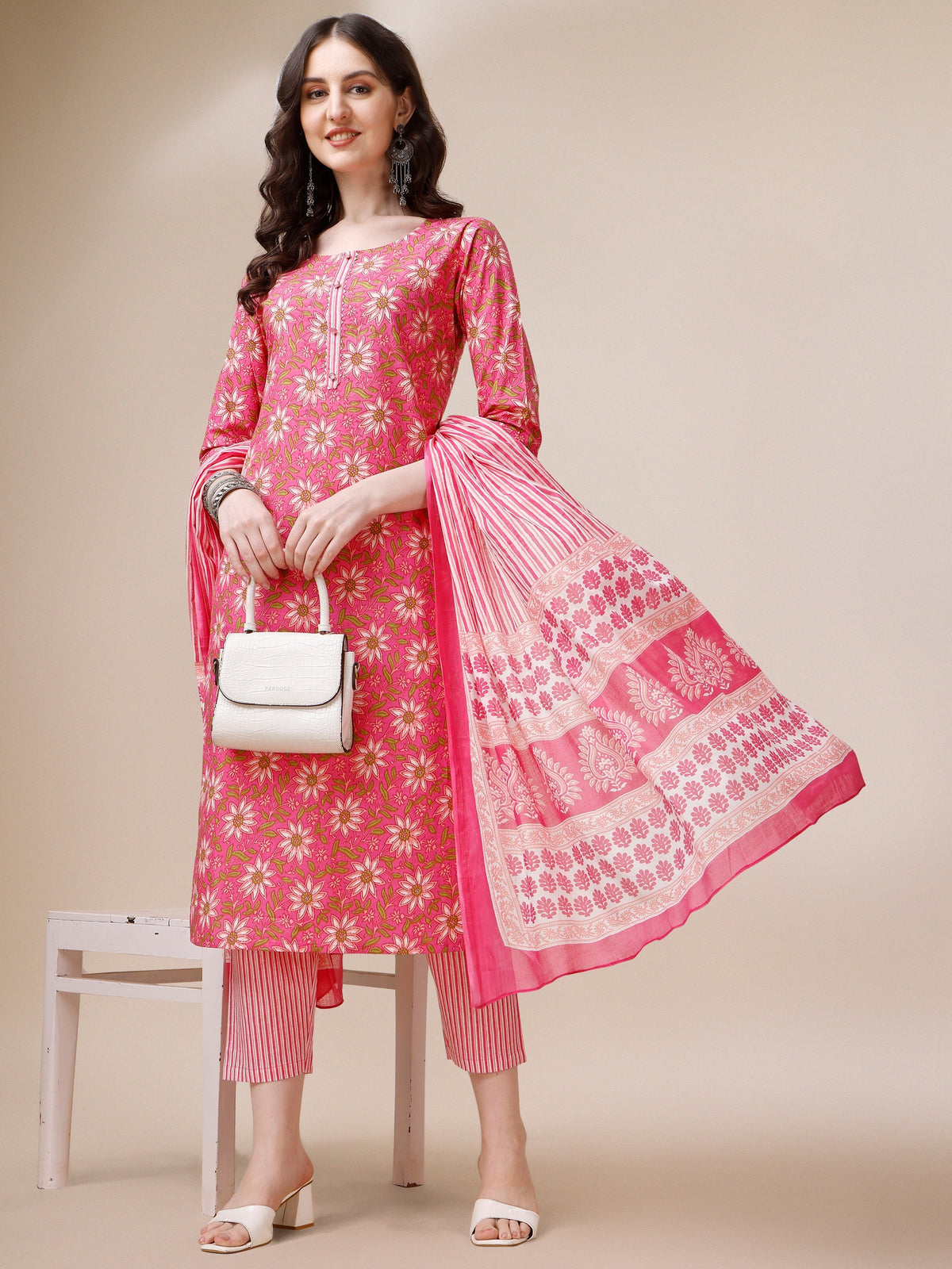 Printed A-Line Kurta With Pant And Dupatta Set, Multicolor - Hiral Fashion | Grocsy