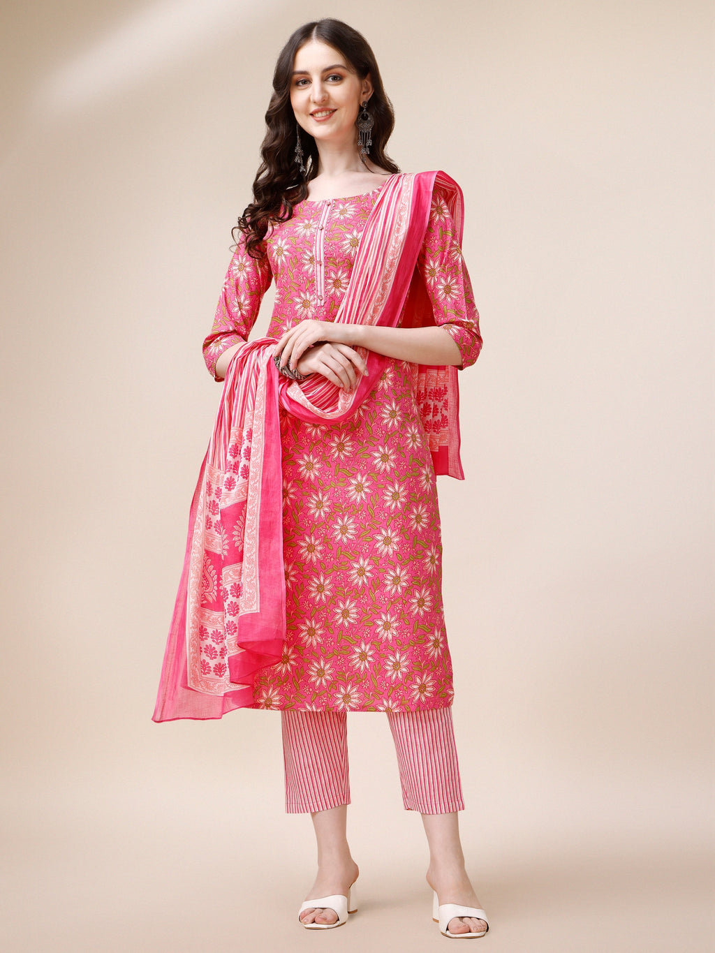 Printed A-Line Kurta With Pant And Dupatta Set, Multicolor - Hiral Fashion | Grocsy