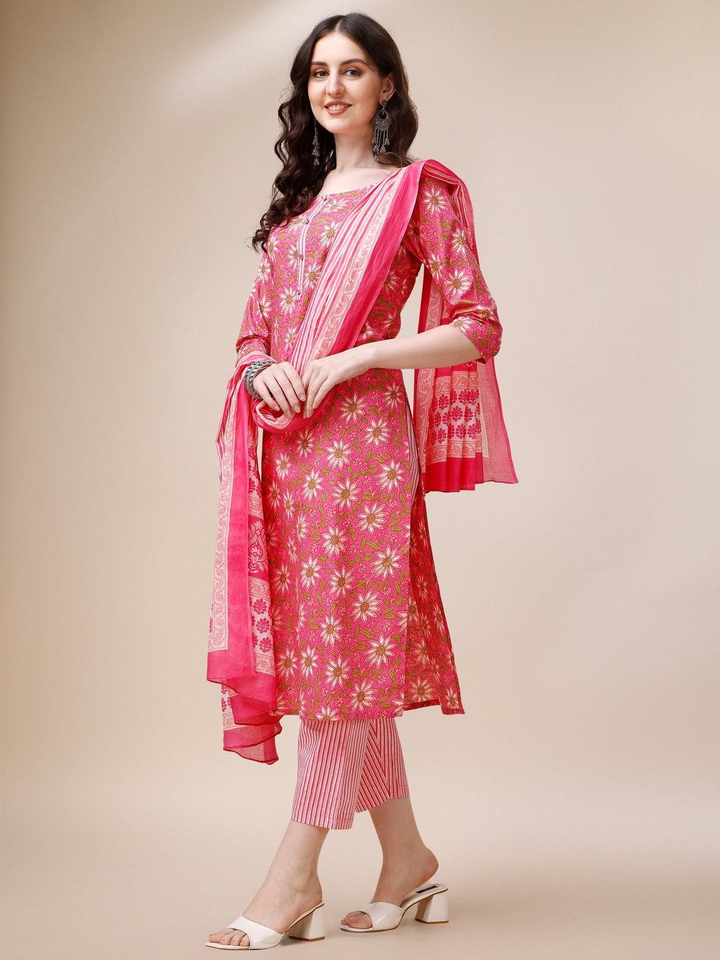 Printed A-Line Kurta With Pant And Dupatta Set, Multicolor - Hiral Fashion | Grocsy