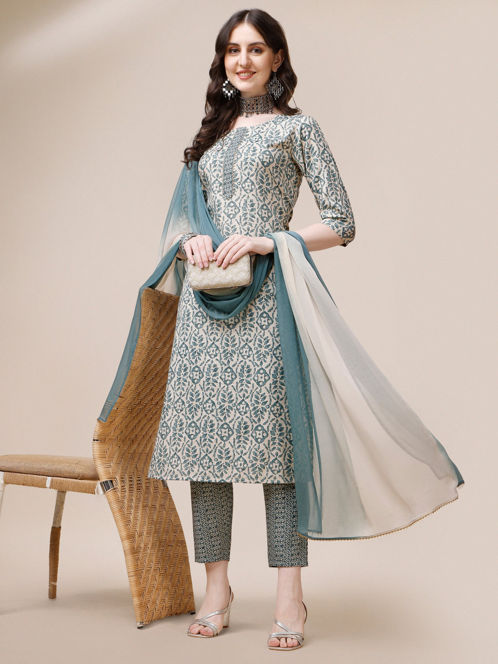 Printed Kurta With Pant And Dupatta Set, Multicolor - Hiral Fashion | Grocsy