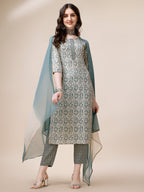 Printed Kurta With Pant And Dupatta Set, Multicolor - Hiral Fashion | Grocsy