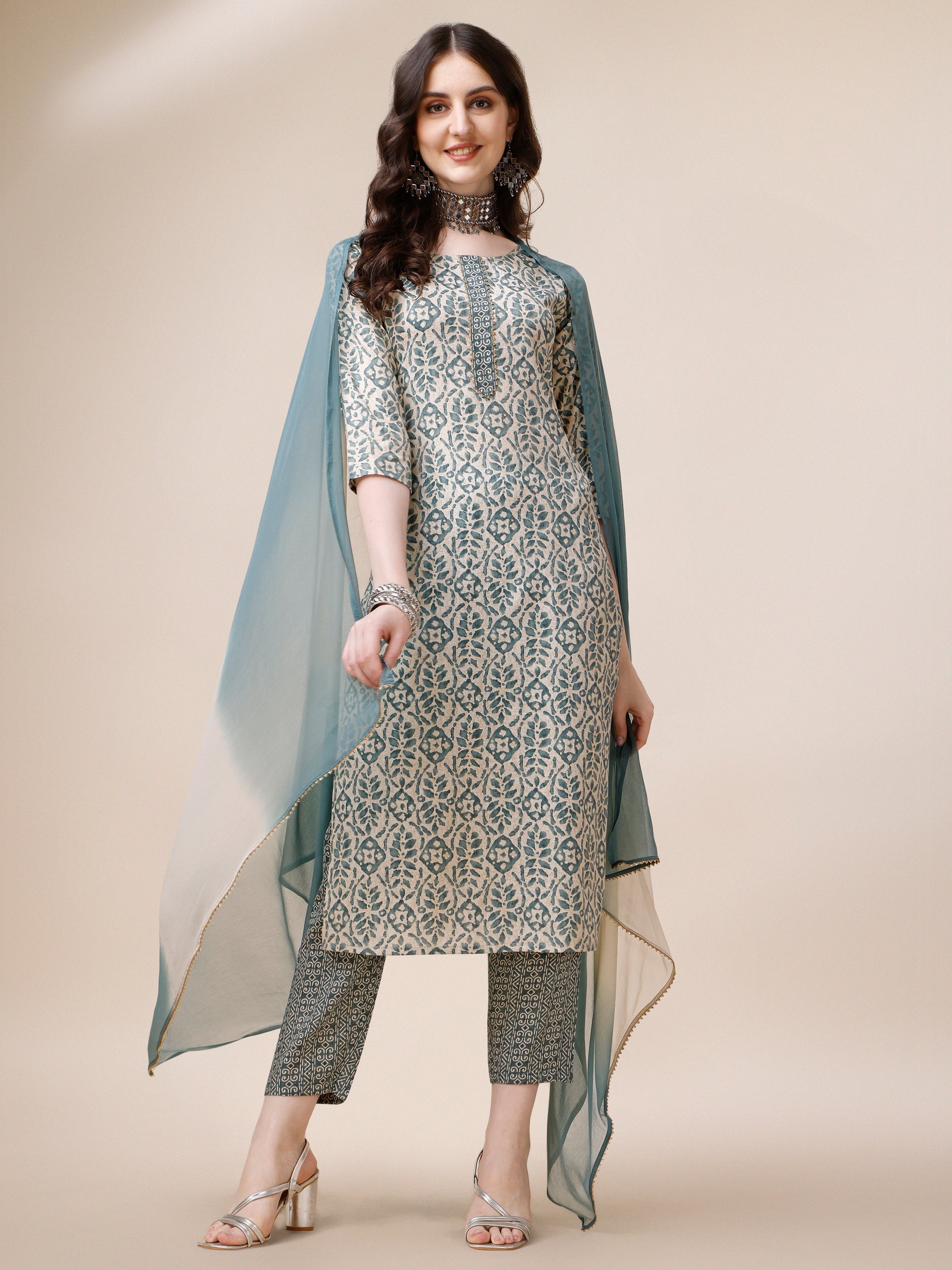 Printed Kurta With Pant And Dupatta Set, Multicolor - Hiral Fashion | Grocsy