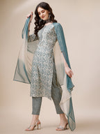 Printed Kurta With Pant And Dupatta Set, Multicolor - Hiral Fashion | Grocsy