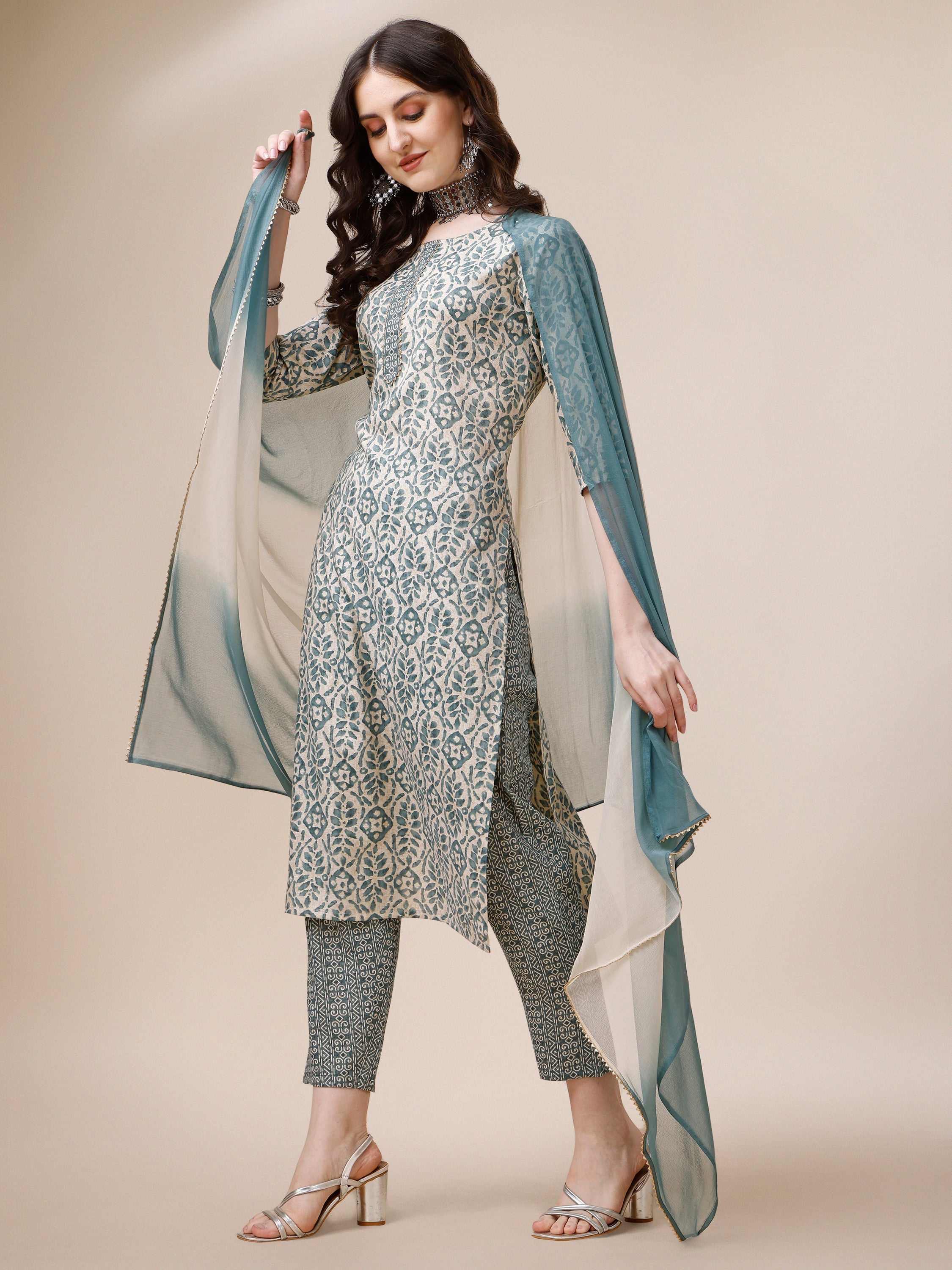 Printed Kurta With Pant And Dupatta Set, Multicolor - Hiral Fashion | Grocsy