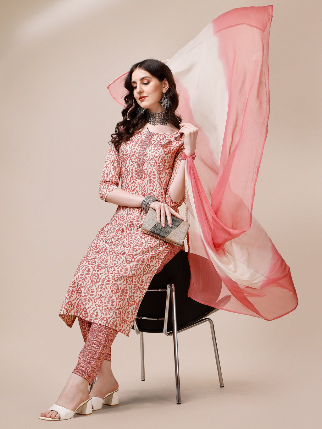 Printed Kurta With Pant And Dupatta Set, Multicolor - Hiral Fashion | Grocsy