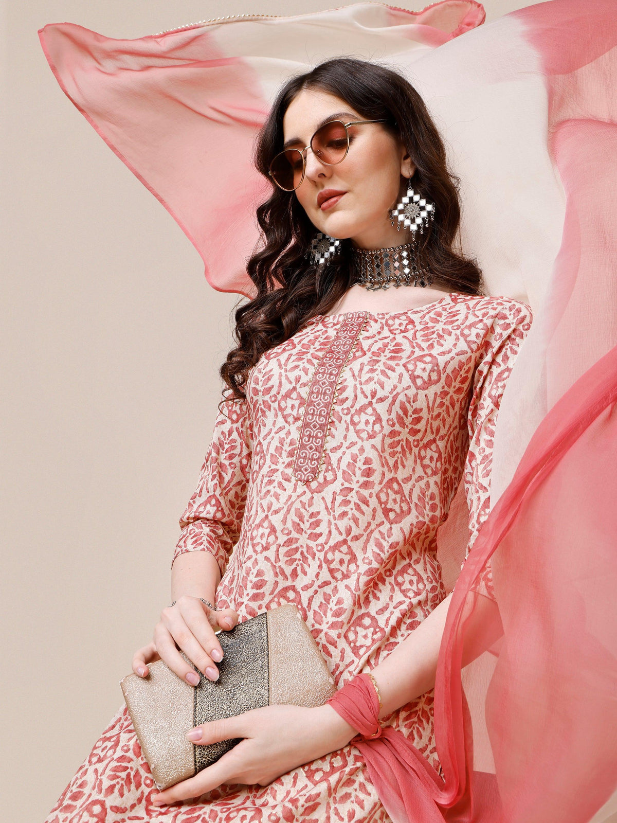 Printed Kurta With Pant And Dupatta Set, Multicolor - Hiral Fashion | Grocsy